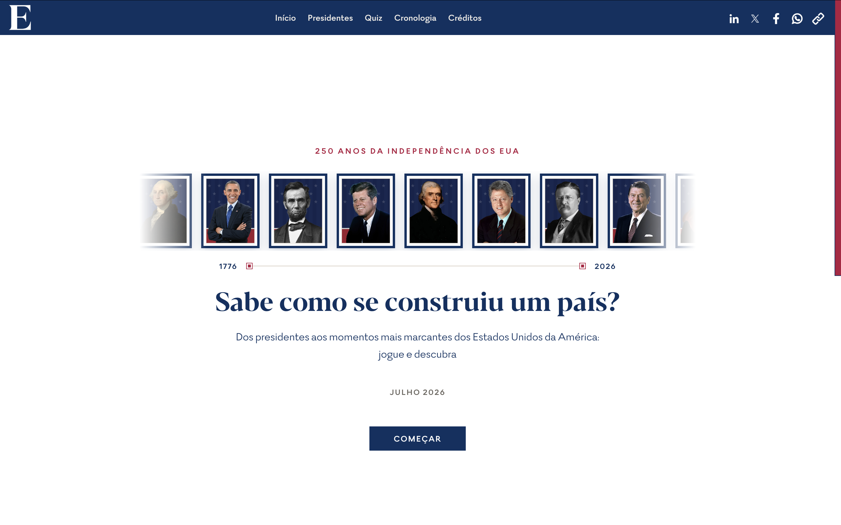 Ecrã inicial do jogo dos 250 anos dos EUA: uma fila de retratos de presidentes sobre uma linha do tempo que vai de 1776 a 2026.